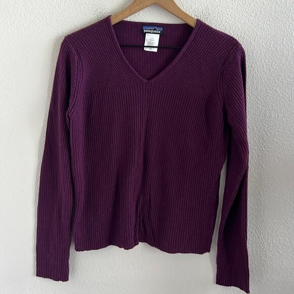 Patagonia 100% Wool Purple Eggplant V Neck Sweater Top Casual Athleisure Wool L - Picture 1 of 6
